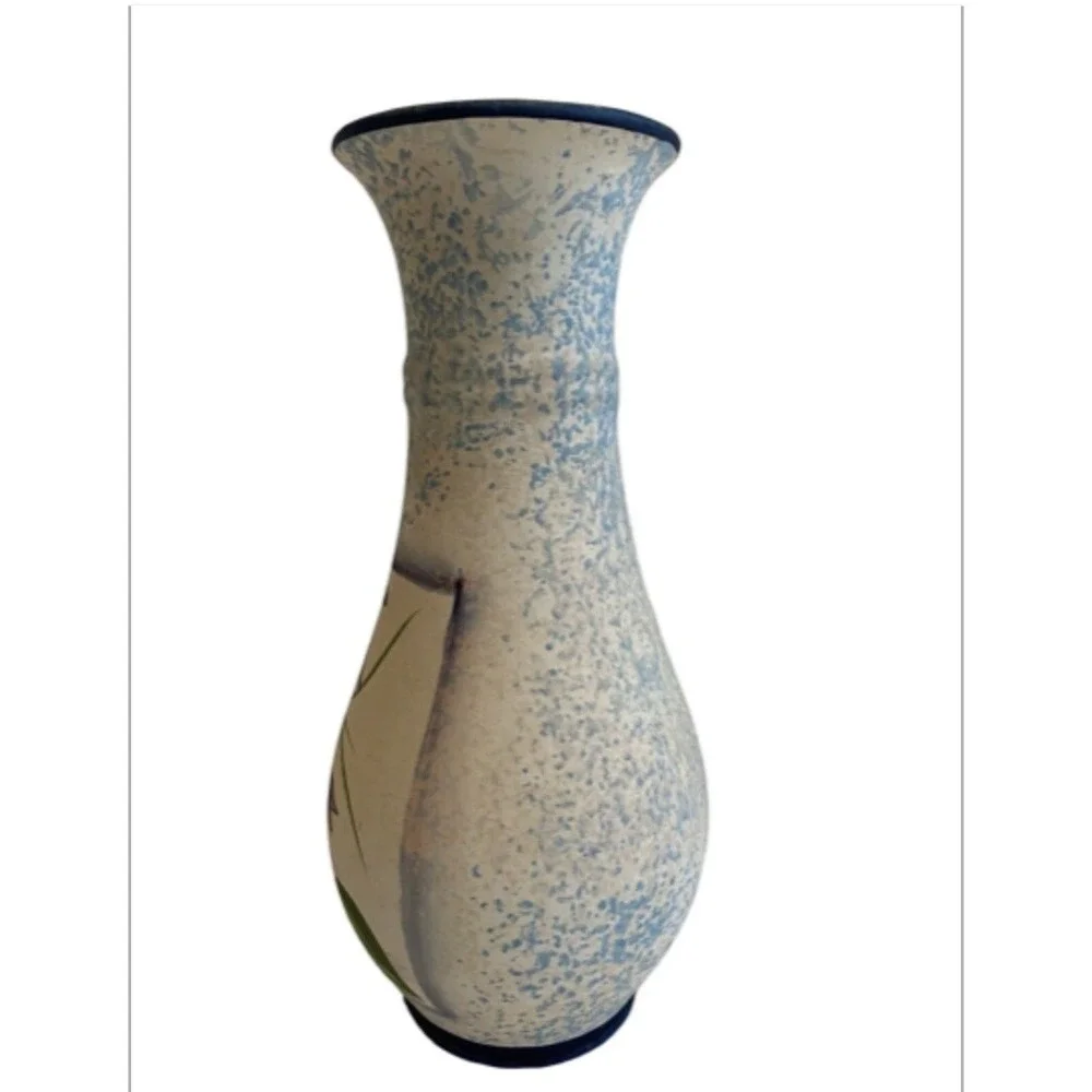 VTG 80s Hand Painted Ceramic Vase Blue Speckled‎ Floral Purple Bell Flowers 9